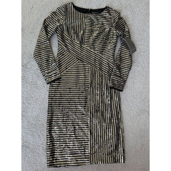 THEIA New Sz 8 Black & Gold Striped Sequin LS Evening Cocktail Dress $495 - Picture 10 of 16